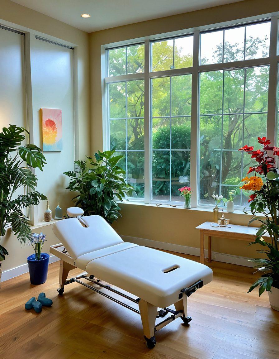 A serene therapy room featuring a gentle interaction between a therapist and a patient practicing the Bobath method. Soft natural light floods in, showcasing supportive equipment and colorful therapy tools. In the background, a large window reveals a tranquil garden symbolizing growth and healing. The atmosphere radiates joy and transformation, emphasizing compassion and hope. super-realistic. vibrant colors. warm lighting.
