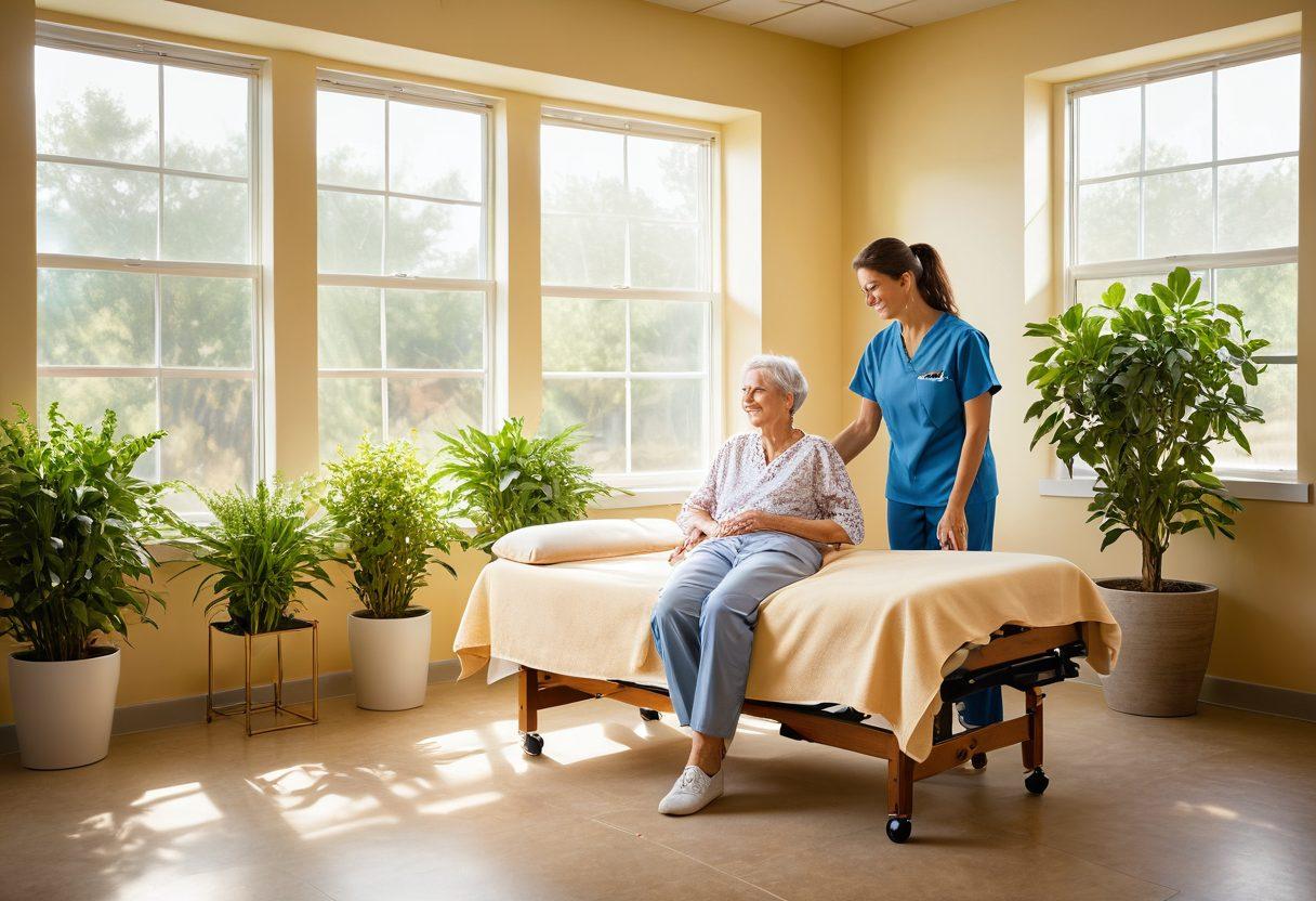 A serene rehabilitation environment featuring a cheerful patient engaging in Bobath Method exercises with a compassionate therapist. Symbolic elements like blooming plants and sunlight streaming through windows represent hope and recovery. Incorporate diverse individuals showcasing resilience and connection. Soft, warm colors evoke a sense of comfort and positivity. super-realistic. vibrant colors. soothing background.