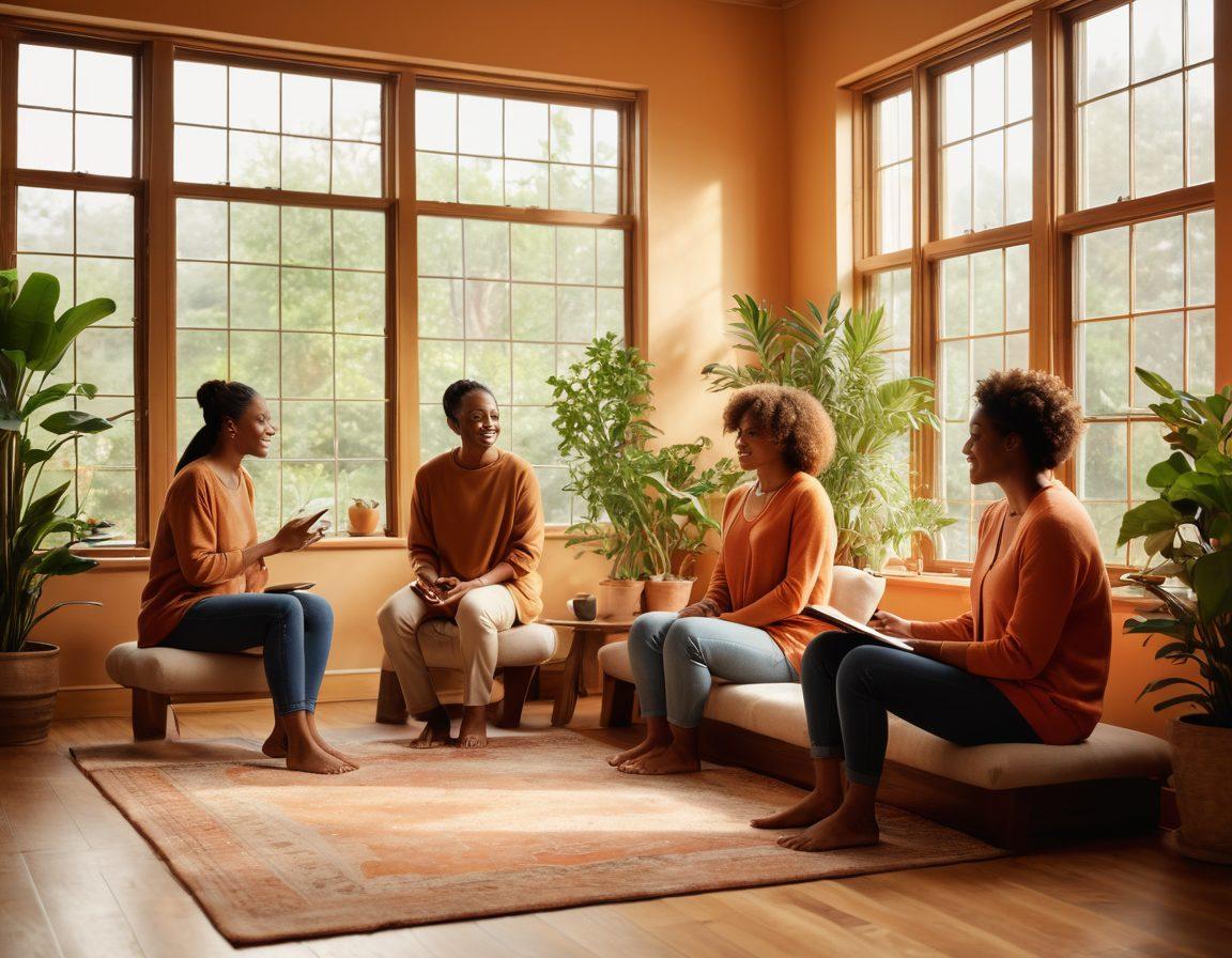 A serene scene depicting a diverse group of individuals engaged in a therapy session, each expressing emotions of relief and happiness. The background features a warm, inviting room filled with plants and calming colors, symbolizing growth and healing. Soft light filters through the windows, illuminating their smiles and the supportive atmosphere. Include elements representing mindfulness like a journal or a cup of tea to enhance the sense of well-being. super-realistic. warm colors. soothing ambiance.